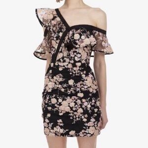 Self-Portrait Black and Pink Floral one-shoulder asymmetric Dress